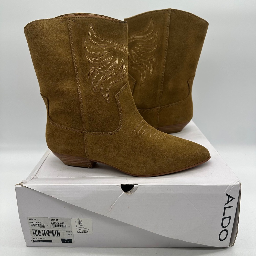 Aldo Asalidia-27 Womens 8.5 Cognac Suede Embroidered Pointed Western Ankle Boots
